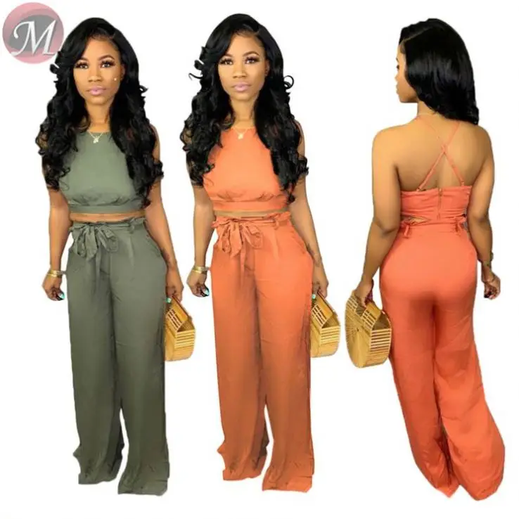 

09014NA OSINA design summer wide leg suspender two piece jumpsuit set for woman, Orange;army green