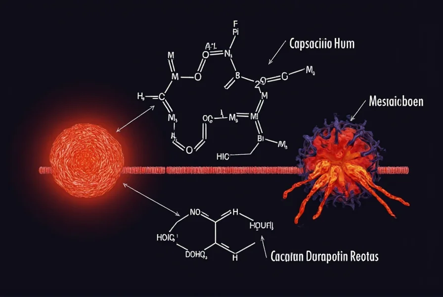 Scientific illustration showing capsaicin molecule structure and TRPV1 receptor interaction