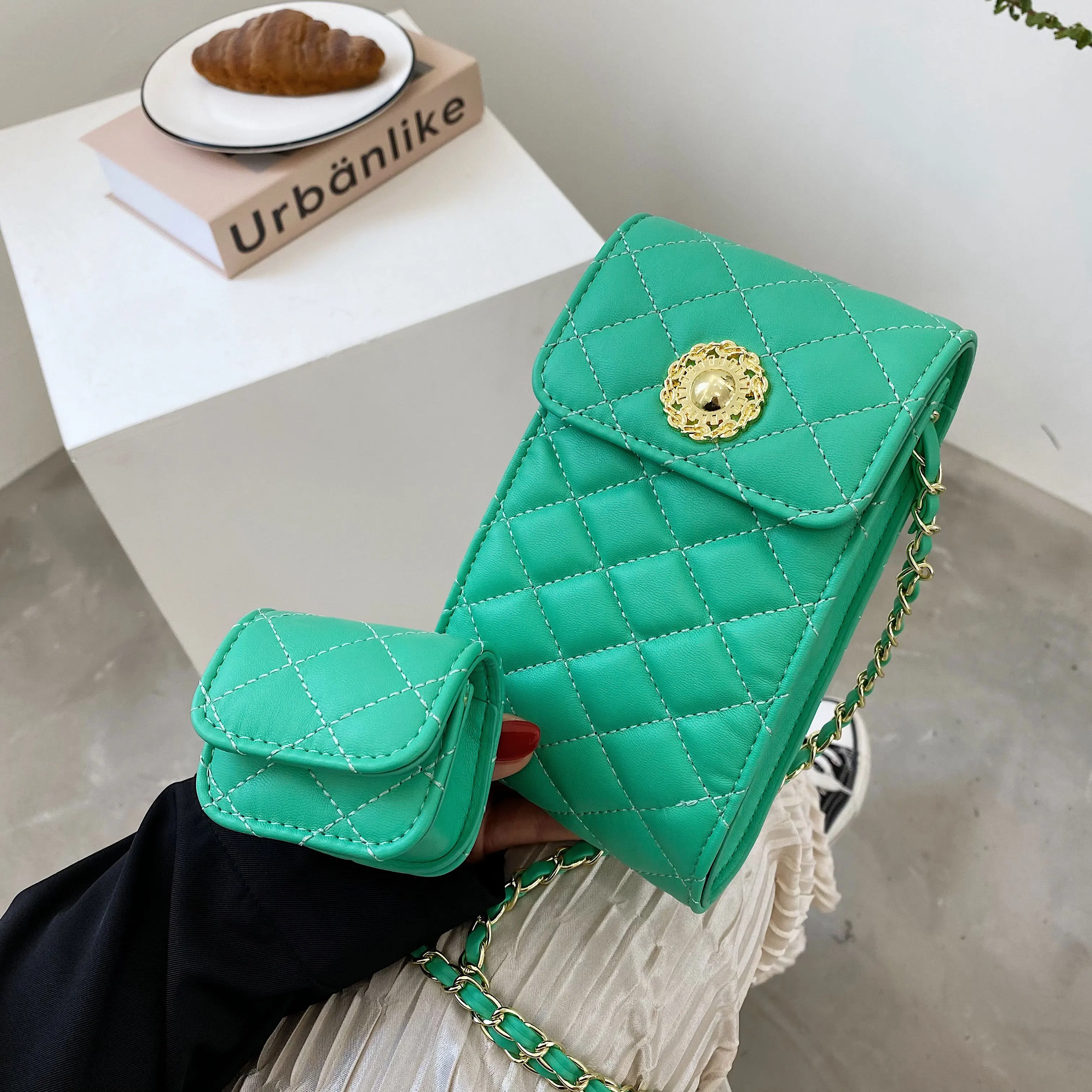 

2021 Summer Candy Fashion Quilted Leather Neon Mini Purse Unique Two Pockets Cute Small Girls bag, 4 colors
