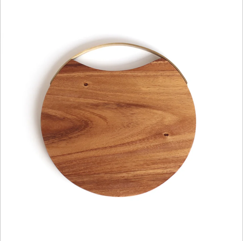 

Solid kitchenware utensil accessories eco-friendly paddle chopping board Acacia wood cutting board with metal handle, Natural