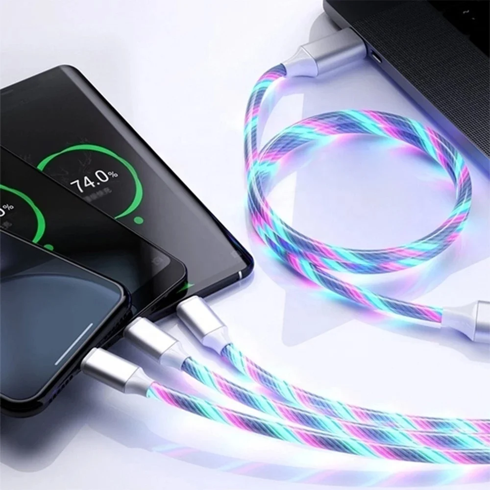 

Shenzhen 3 in 1 Luminous led light cell Phone fast charging long Wire Cord Type C Micro USB 8 Pin data charger cable for samsung, Blue/green/pink/rainbow