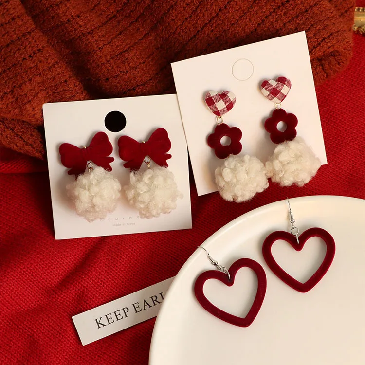 

New Year and Christmas Wine Red Velvet Bow Sweet Earrings Cute Girly Earrings Ear Clips Earrings