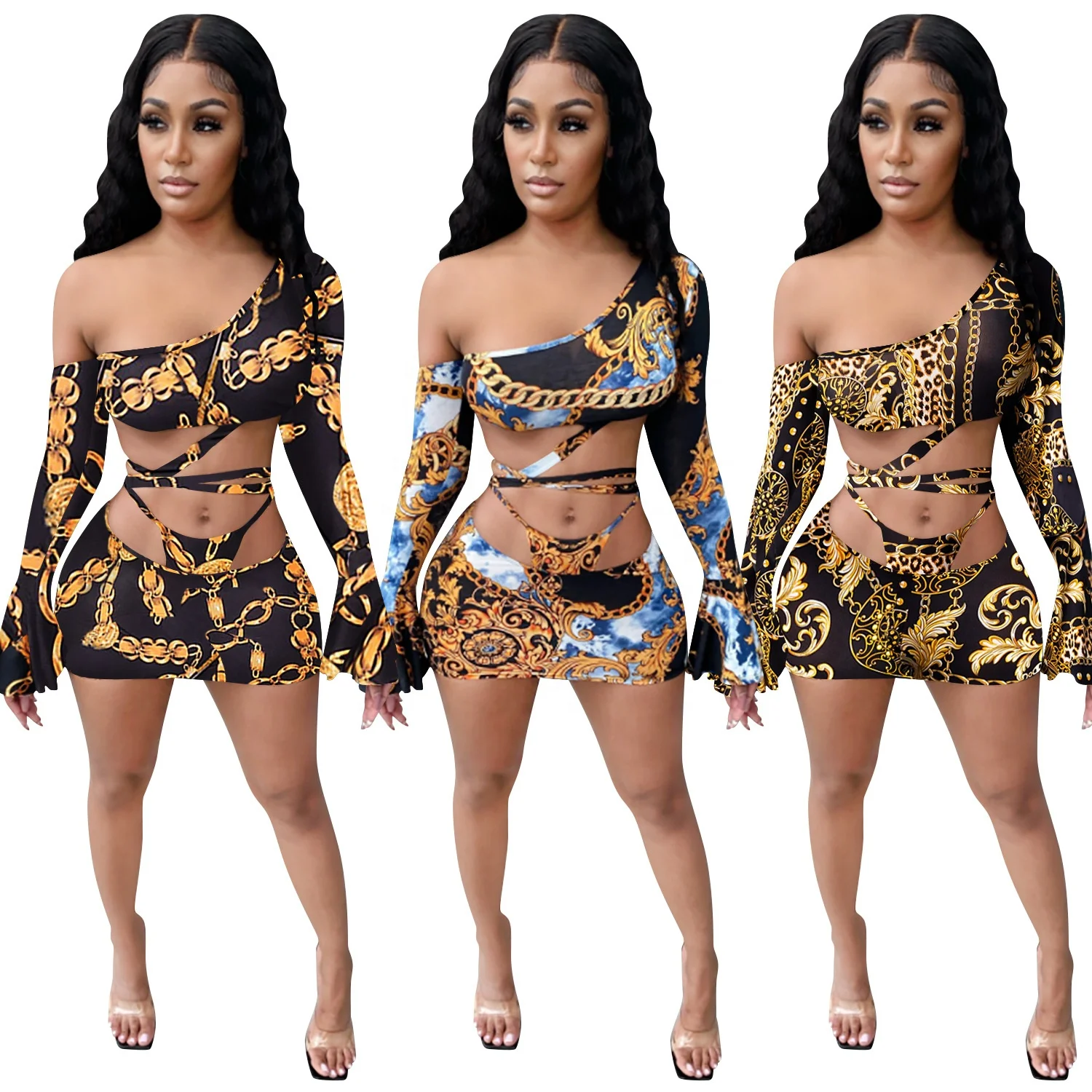 

2021 new arrivals sexy European and American nightclub set bandage retro print mini skirt diagonal flared sleeves 2-piece set