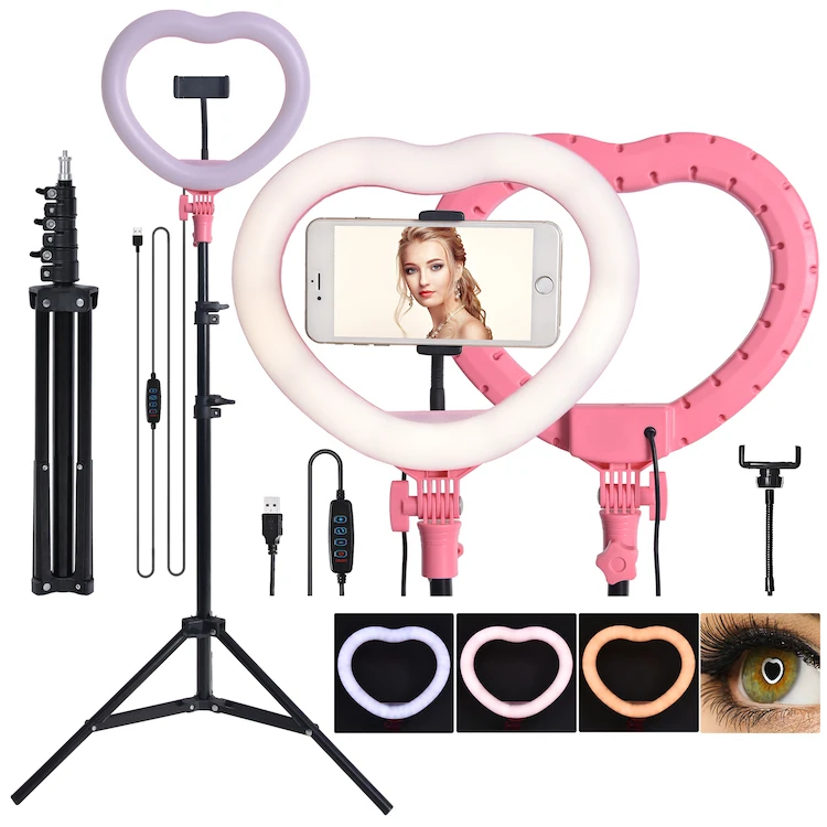 

New Arrival Portable USB Photographic Tripod Stand 10 inch Ring Light Heart Shape for Beauty Makeup Selfie Live Streaming, Pink/black