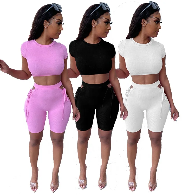 

womens clothing 2021 summer pink bandage hollow out short sleeve crop tops bodycon shorts ladies sexy two piece summer sets