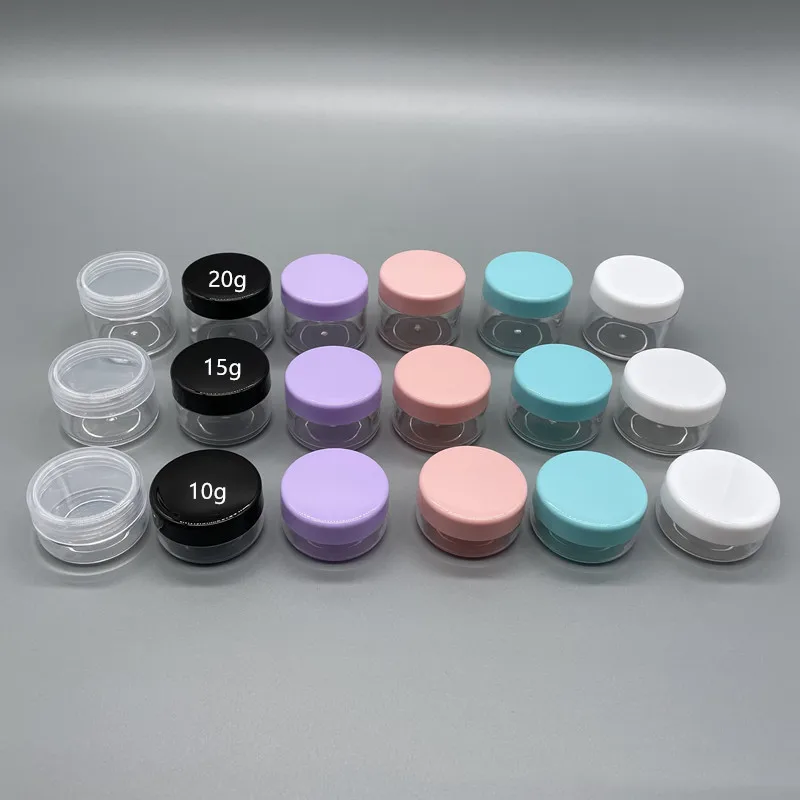 

Wholesale Small Capacity 10g 15g 20g PS Plastic Cosmetic Cream Lip Balm Jars with Colorful Lids