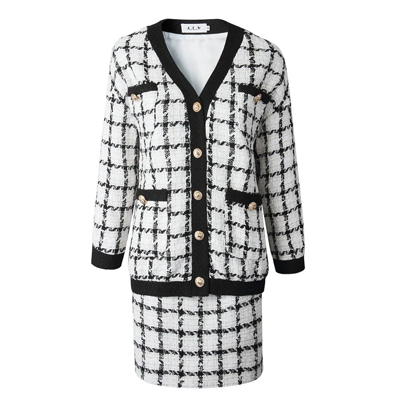 

Newest 2019 fancy Women's double breasted long sleeve tweed blazer suit and skirt