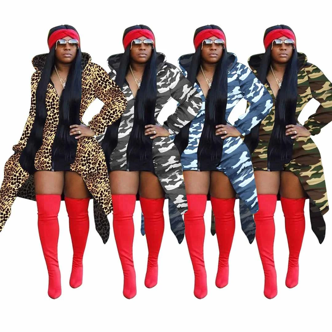 

2020 trench winter camouflage print asymmetrical woman clothing hoodie long coat