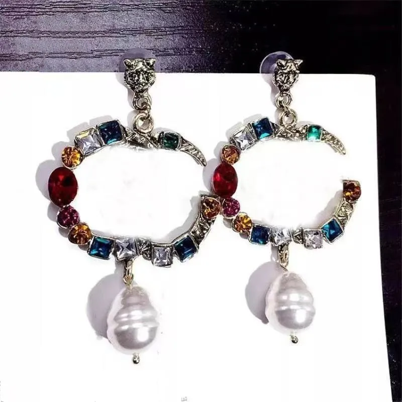 

925 Silver Needle Earrings Fashion Color Diamond Pearl Earrings Letter G Home Earrings, Picture shows