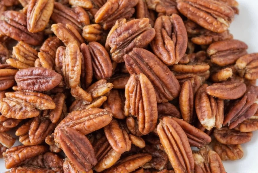 Mason jar filled with cinnamon roasted pecans tied with ribbon for gift presentation