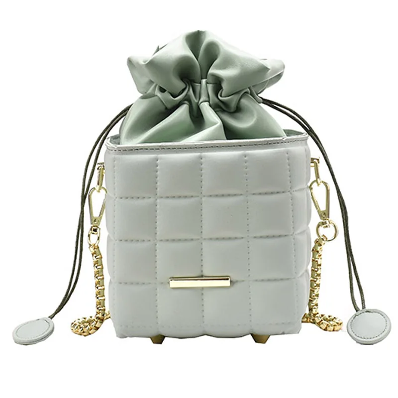 

Drawstring Square Bucket Handbags Small Plaid PU Leather Laides Shoulder Purses Luxury Mini Box Shape Women Hand Bags 2021
