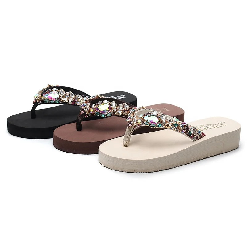 

Rhinestone Design Flat Thick Platform Wedge Women Slippers Flip Flops