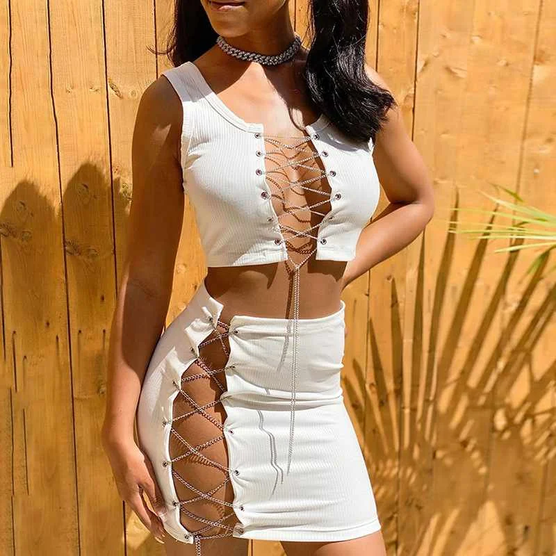 

Sexy Hollow Out Women Drawstring Metal Chain Bandage Sleeveless Tank Tops Mini Skirt Matching Set, Customized color