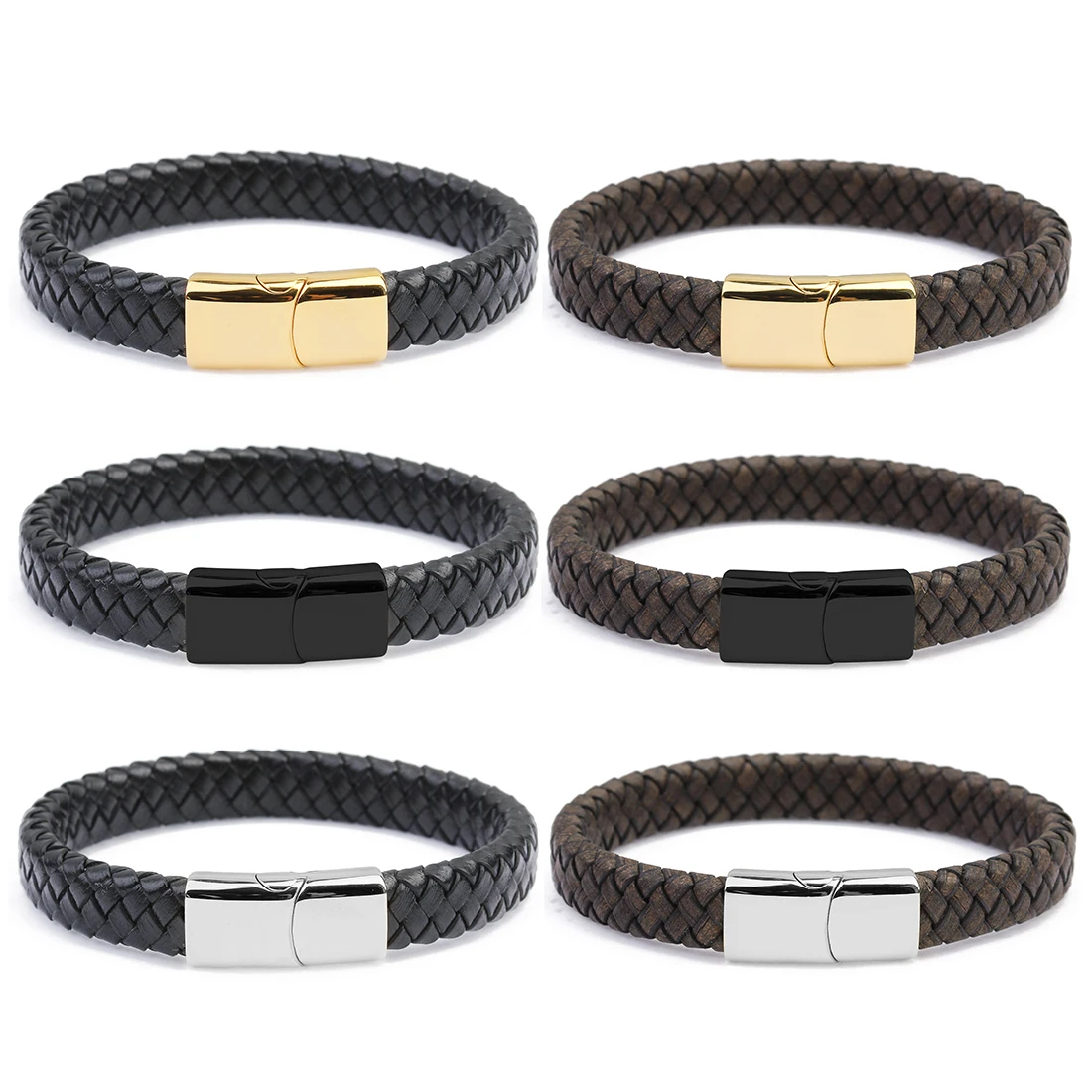 

Fashion Male Jewelry Braided Leather Bracelet Handmade Bracelet Gold Black Stainless Steel Magnetic Clasps Men Wrist Bangles, As picture