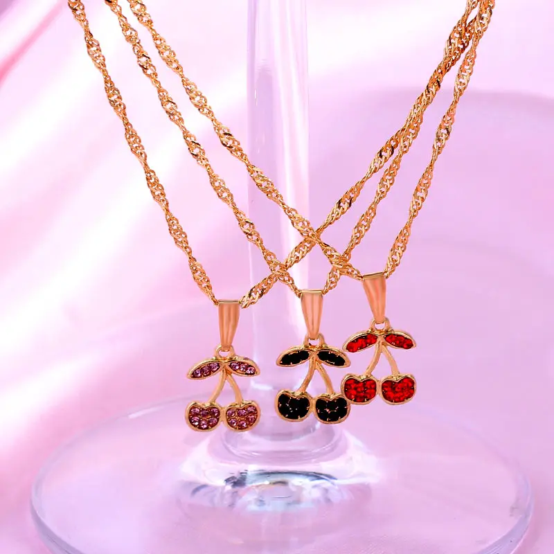 

Screwed Rope Gold Plated Single Layer Pink Black Weed Leaf Cherry Red Angel Pendent Necklace, Mixed