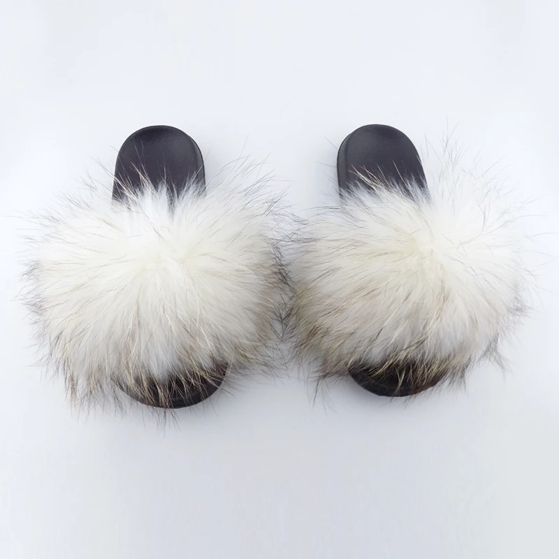 

wholesale fur slides women fluffy slippers raccoon furry sandals, Red,green,blue,grey,black and so on
