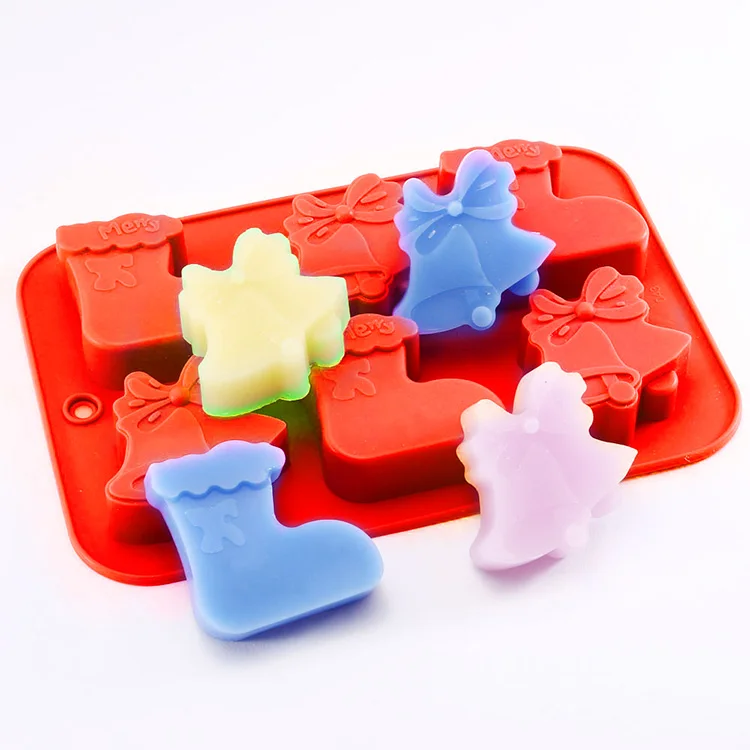 

6 cavity Flexible Christmas Gift Bell Socks Silicone Cake Choclate Soap Candle Candy Mold