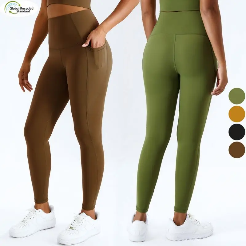 

Sustainable Recycled Nylon Gym Sports Tights High Waisted Yoga Womens Compression Leggings with Pocket