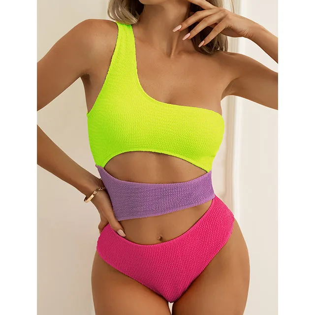 

Custom Logo Shiny Color One Piece Swimsuit 2022 One Shoulder Swimwear Cutout Bikini