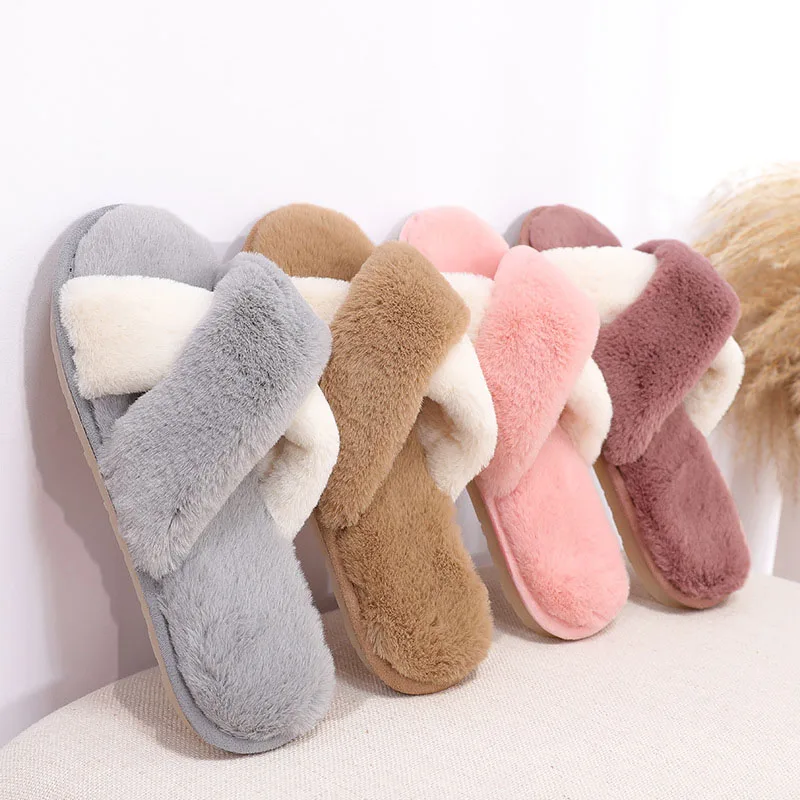 

New Fluffy slippers for fall/winter comfortable couples cross slip-resistant toe-flat home fluffy slipper