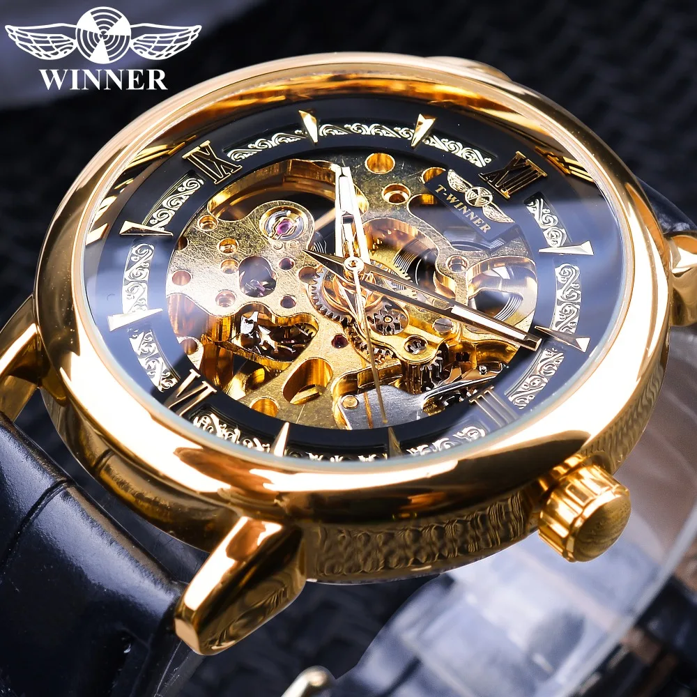 WINNER Royal Golden Luxury Gear Movement Design Open Work Mens Automatic Fashion Wrist Watch Top Brand Male Skeleton Watch