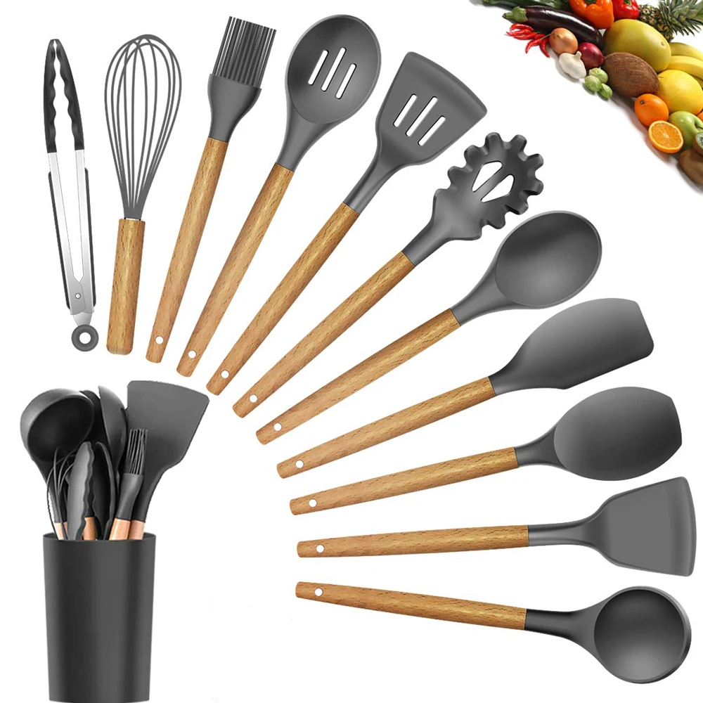 

Silicone Cooking Utensil Set Wooden Handle Spatula Soup Spoon Brush Cookware Kitchen Tools