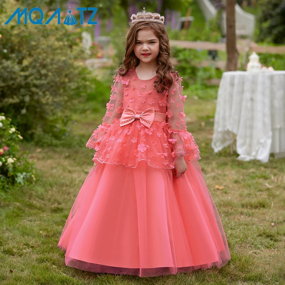

MQATZ watermelon girl long Tiered kids party dress Appliqued child birthday wedding long sleeve evening gown LP-329