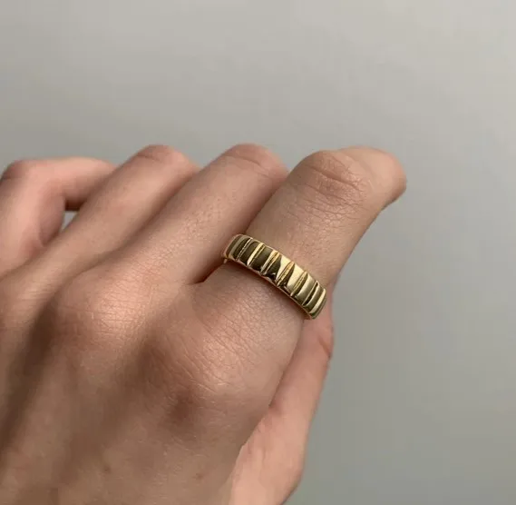 

18k Gold Plated Jewelry High End Women's Ring Stainless Steel Hypoallergenic Statement Ring Vintage Chunky Bricks Ring, Gold,rose gold,black and silver