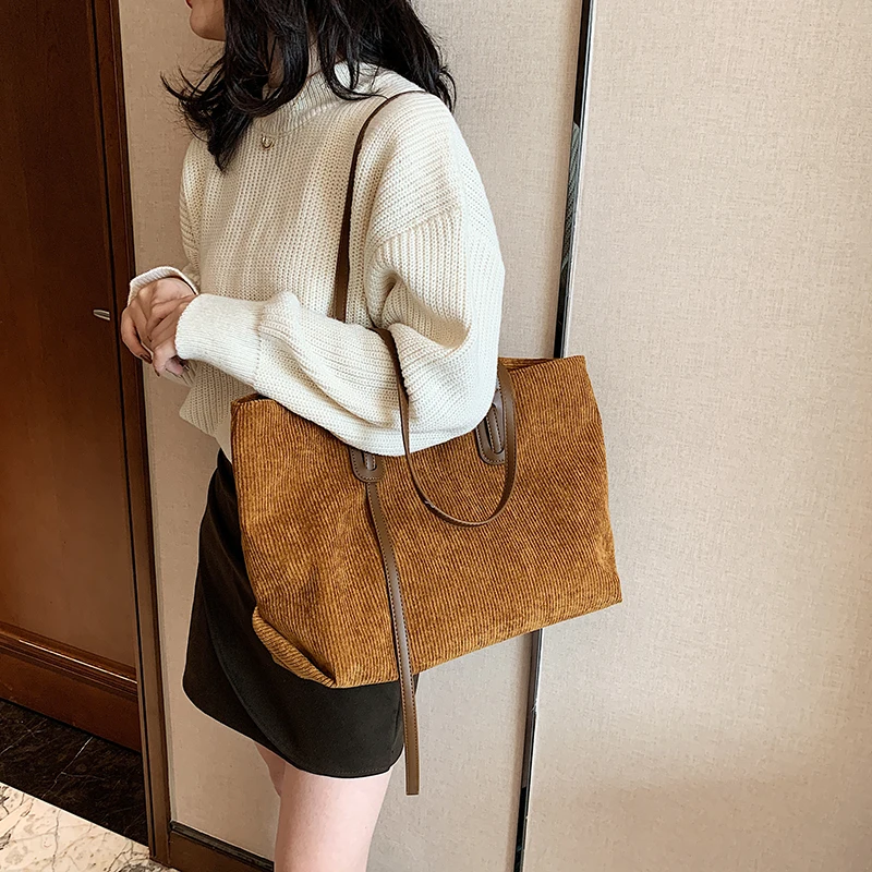 

High Capacity Shoulder Bags For Women 2021 Corduroy Elegant Handbags Female Travel Solid Color Totes Lady Hand Bag, Customized