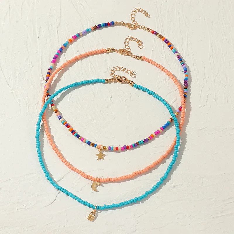 

2021 Trend Boho Beads Choker Necklaces Womens Bohemian Neck Chain Candy Color Alloy Star Moon Pendant Necklace Jewelry For Girls, Gold