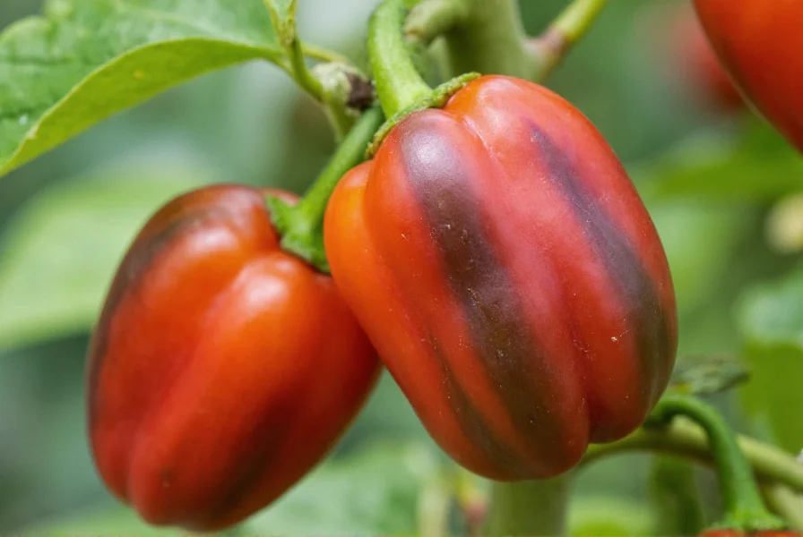 Close-up of bell peppers showing purple streaks during ripening process on plant