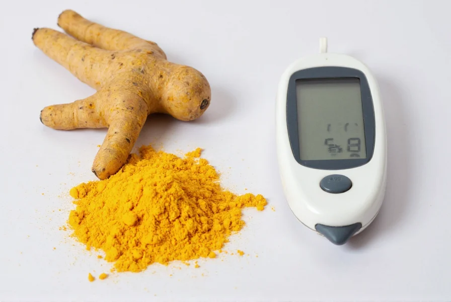 Turmeric root and powder next to blood glucose meter showing normal reading