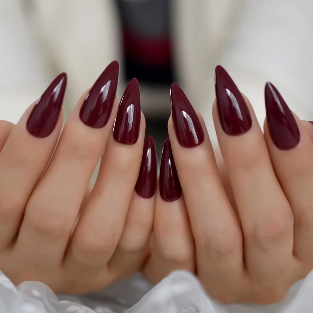 

Sharp Brown Chocolate Fake Nails Full Cover Point  Long Artificial Gel Nails Art Simple Daily Manicure Accessories L5616, Dark red