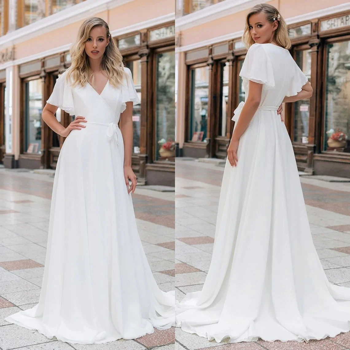 

11900#Simple Chiffon Elegant Wedding Dress V Neckline A-Line Flare Sleeves Vintage Ruched Sweep Train Wedding Dress Bridal Gown