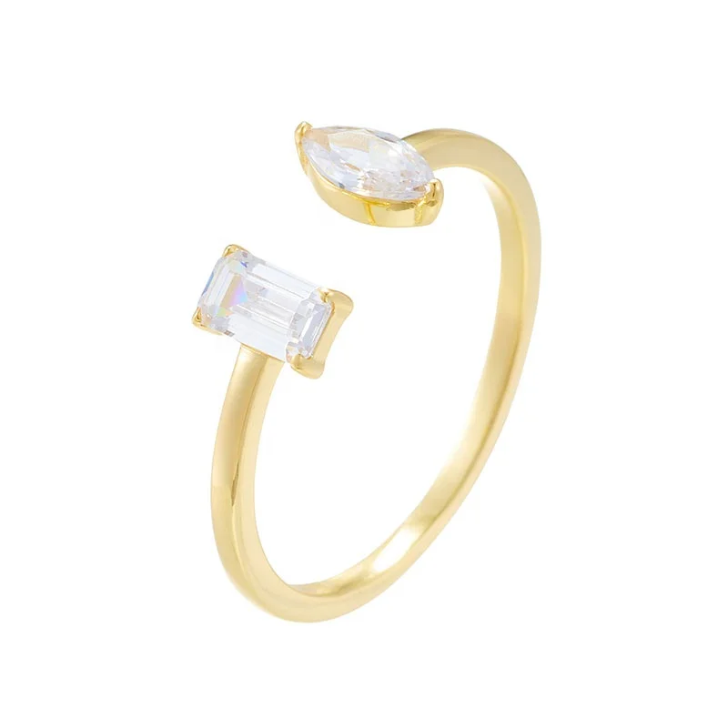 Wholesale Custom Simple Sterling 925 Silver Cubic Zircon Ring Unique Design Engagement 14k Yellow Gold Open Baguette Rings