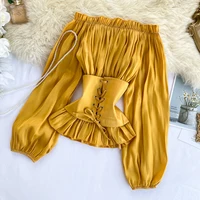 

European ins fashion women off shoulder long puff sleeve blouse tops
