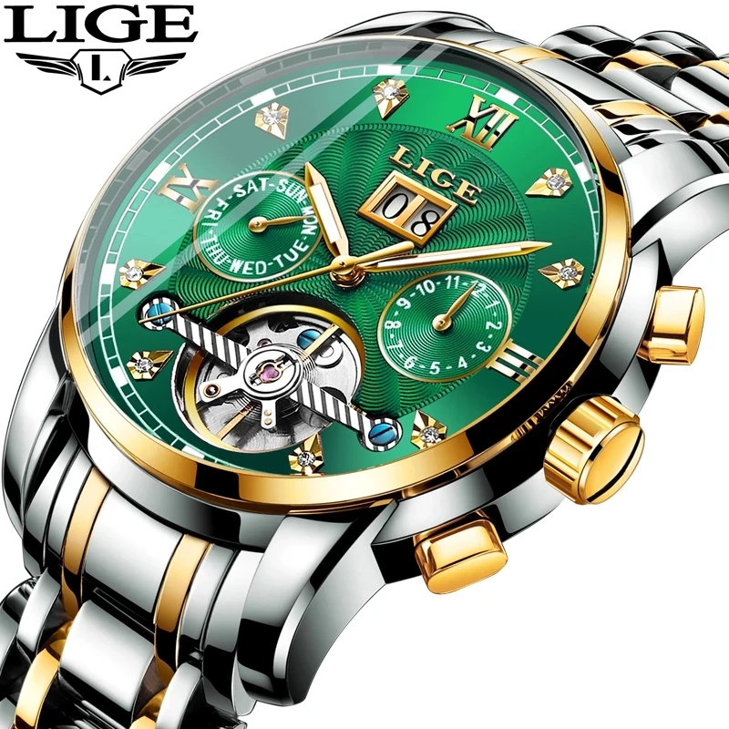 

Lige 9909 Calendar Automatic Mechanical Men Diamond Chrono Waterproof Male Tourbillon Rolexeble Watches Luxury