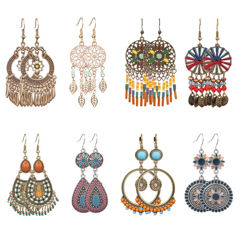 

Classic Big Round Multicolor Beaded Engagement Wedding Accessory Hollow Antique Long Dreamcatcher Hanging Drop Earrings Jewelry