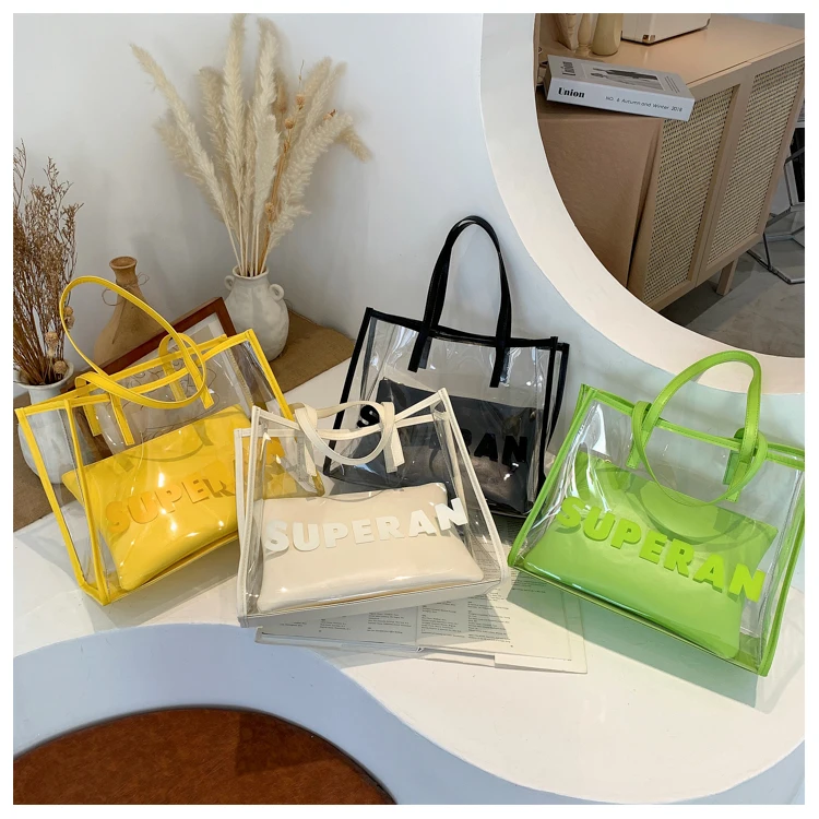 

Custom Print Clear PVC Zipper Shopping Bag Large Beach Tote Bags Transparent Candy Color Jelly Women Handbag, Colors