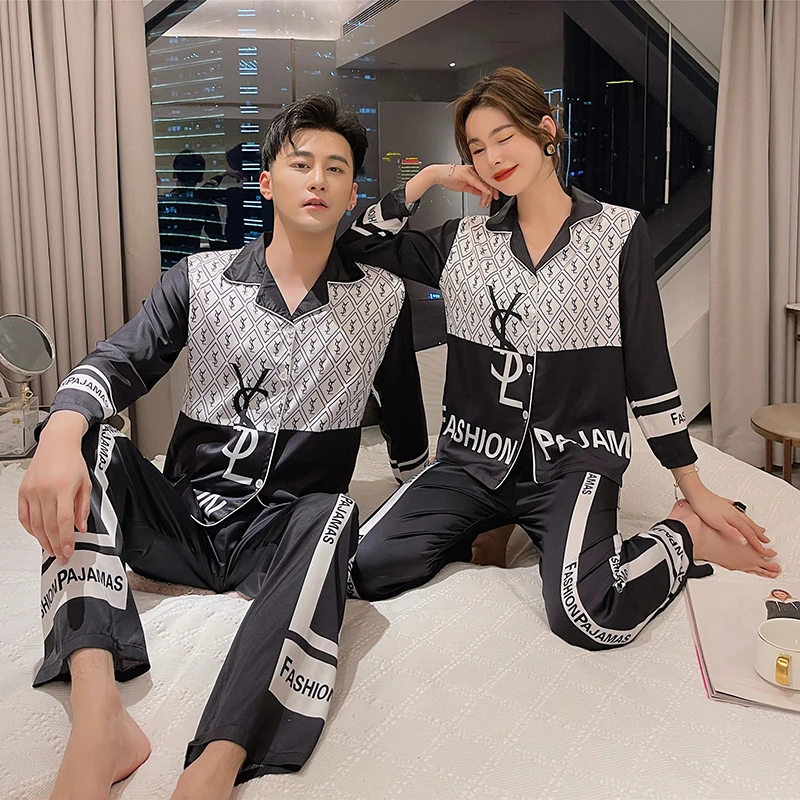 

couples Printed Stain Silk Women Cardigan Suit Pajamas pyjama Nightgowns Sleepwear Spring