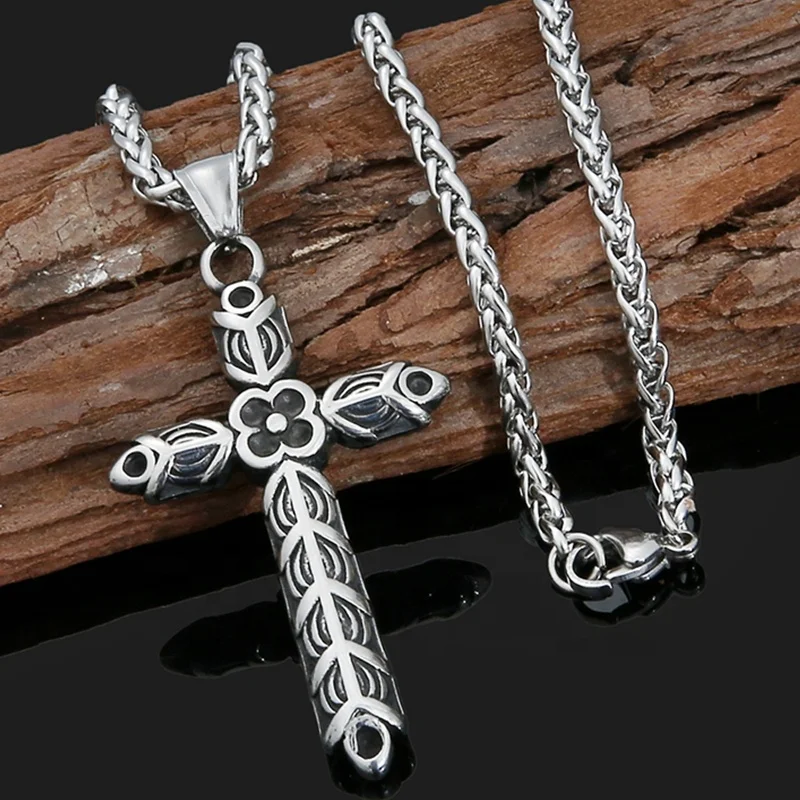 

New Viking Jewelry 2022 Stainless Steel Vintage Flower Patterns Men's Viking Cross Necklace, Silver,gold