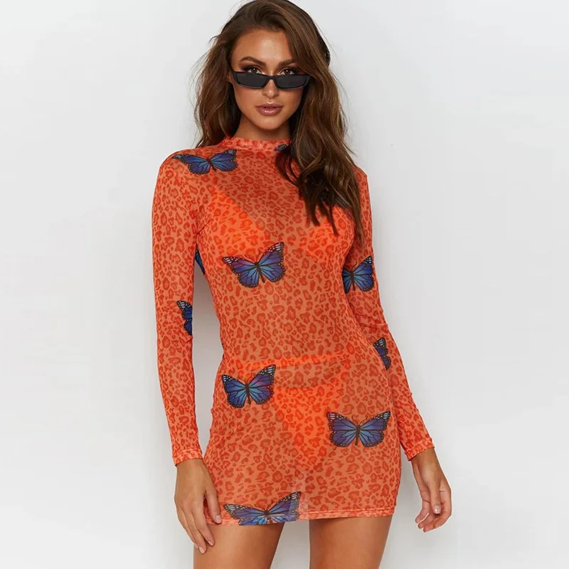 

2021 Ladies Leopard Print Long Sleeve Skinny Bodycon Dress Sexy High Waist Mesh Dress, Picture color