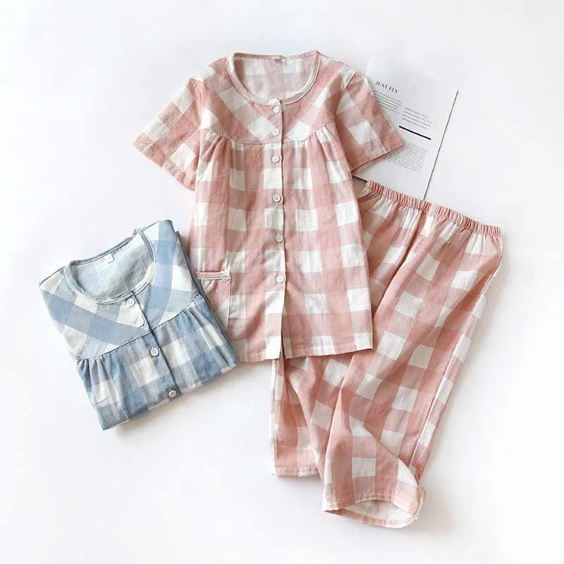 

New plaid sleepwear ladies spring and summer thin section short-sleeved cropped trousers cotton two-piece suit home service wome, Required