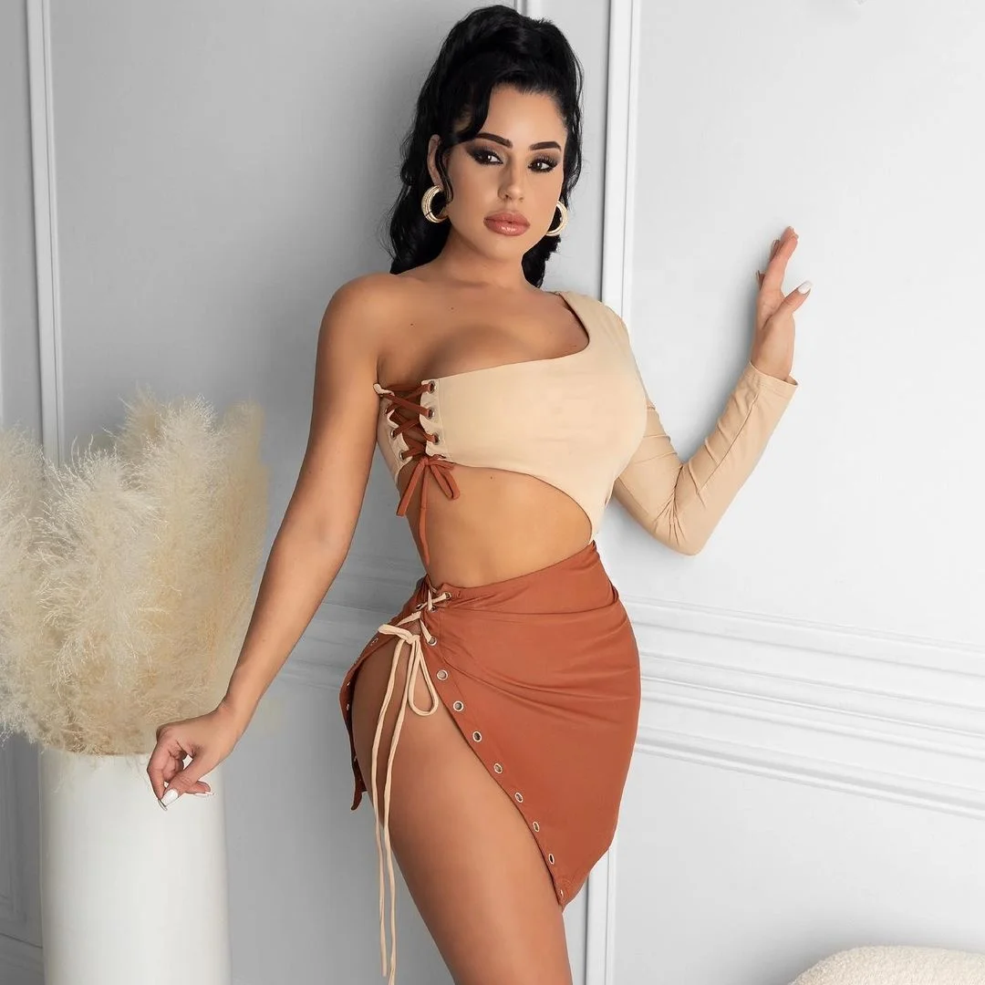 

Women Summer Clothes 2021 Lace Up Bandage Hollow Out Patchwork Color Mini Skirts, Customized color