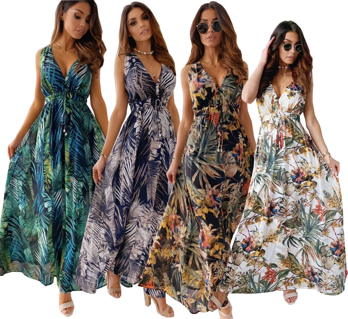 

Coldker Sexy Deep V Neck Print Boho Sleeveless Backless Maxi Dress 2021 Summer Casual Tank Vintage Long Dresses For Women Dress