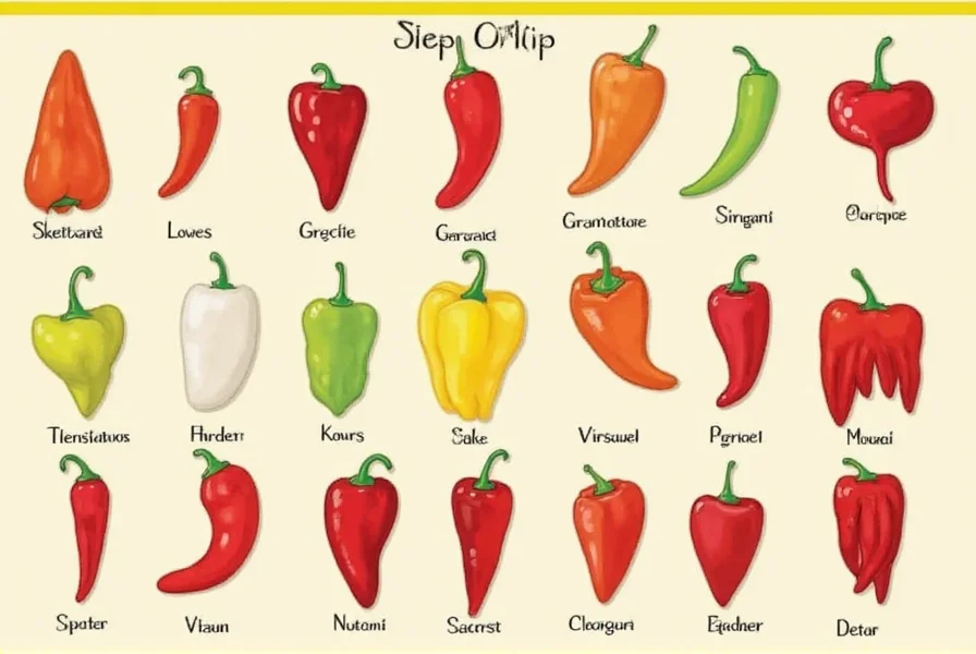 Colorful array of different chili peppers on wooden table