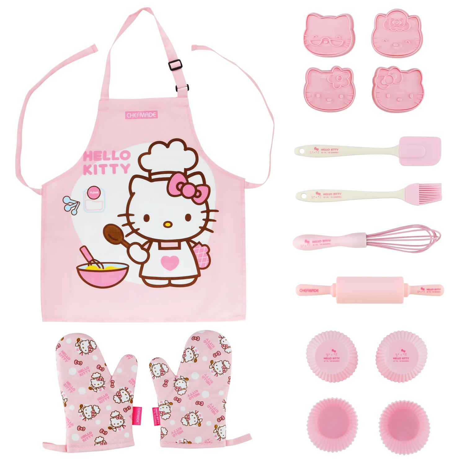 

CHEFMADE Kitchen Tool Apron Oven Mitt Pastry Brush Spatula Rolling Pin Muffin Pan Whisk Biscuit Moule Kids Baking Set, Pink