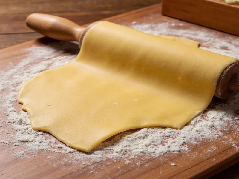 Pasta rolling pin flattening dough on floured wooden board