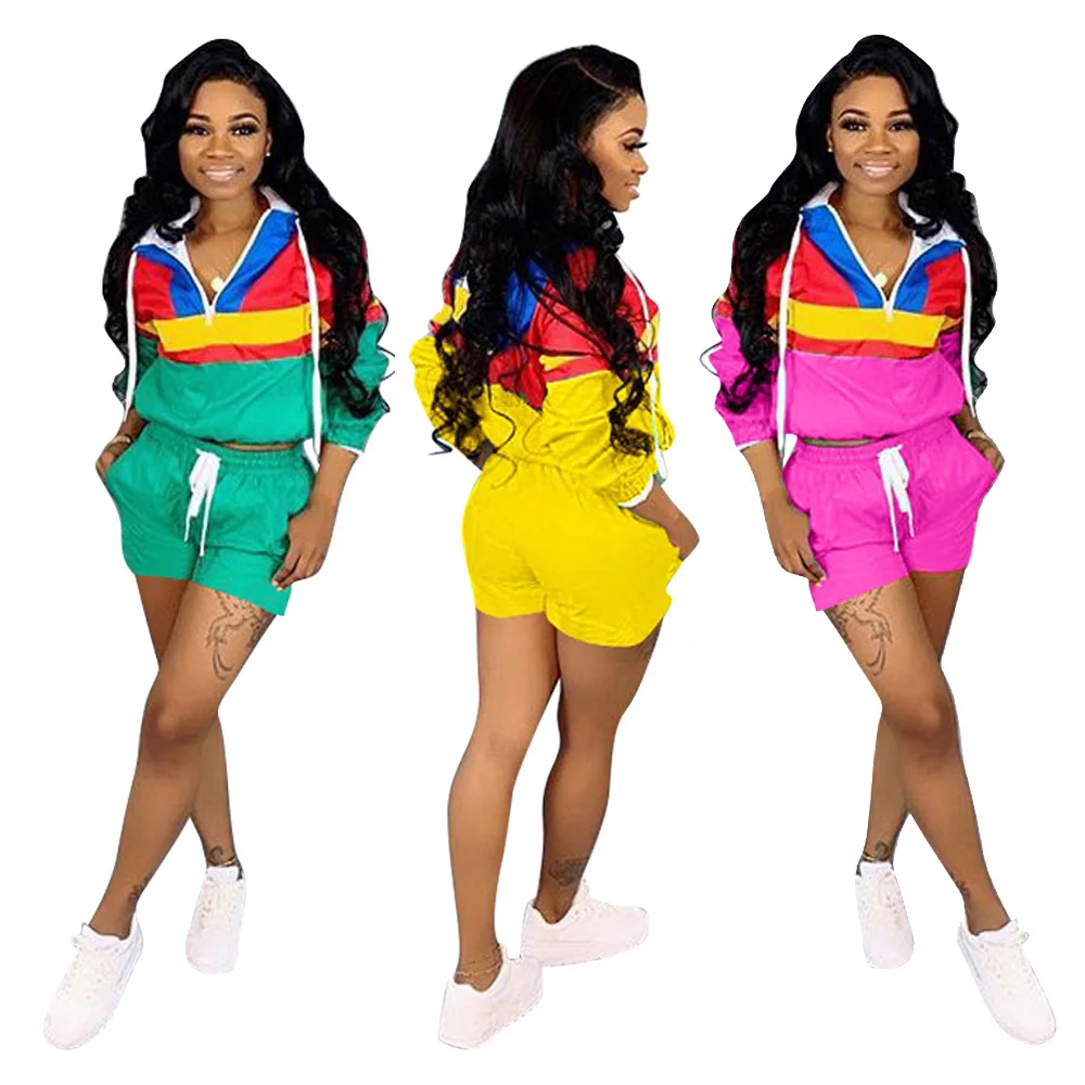 

Latest summer women sweat suit splicing color pocket hooded tracksuit, Picture color/customizable