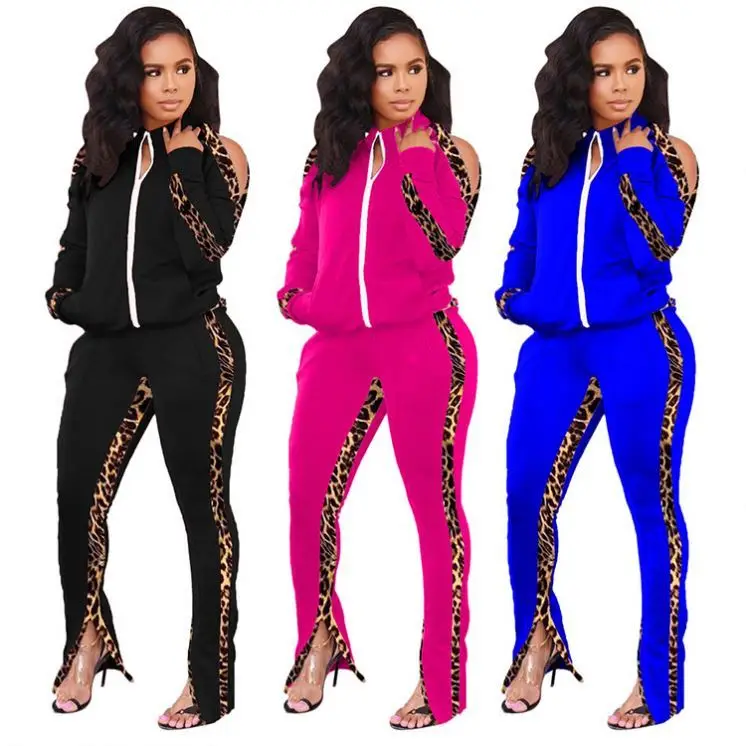 

Newest Fashion Leopard Print Splice Off Shoulder Ladies 2020 Track Suits For Women